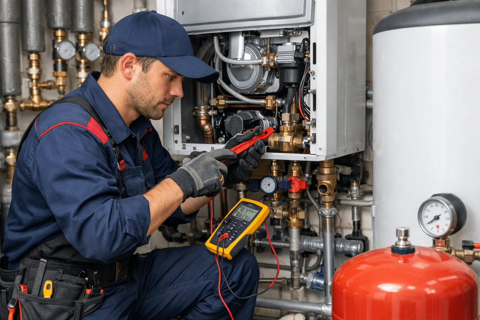 SHK-Techniker bei der Arbeit an einer Heizungsanlage